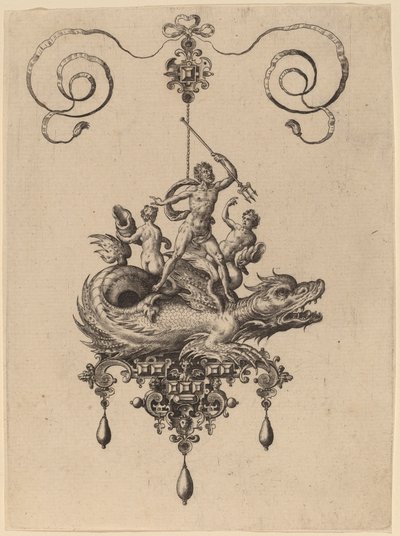 Entwurf für ein Anhänger mit einem Seeungeheuer, das Neptun trägt, flankiert von zwei Figuren von Hans Collaert the Elder
