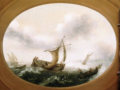 Niederländische Fischerboote in starkem Wind, ein kleineres Boot, Segel unten, rechts, mit Fischern, die die Netze einholen von Hans Goderis