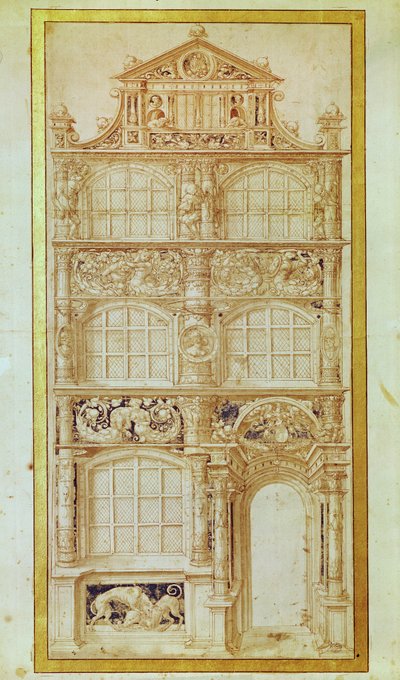 Vorschlag für die Fassade eines dreistöckigen Hauses und eines Giebels von Hans Holbein der Jüngere