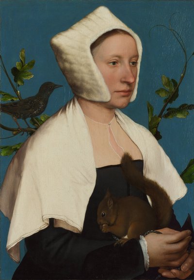 Eine Dame mit einem Eichhörnchen und einem Star (Anne Lovell?) von Hans Holbein the Younger