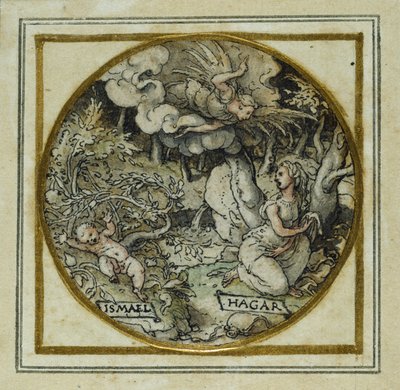 Hagar und Ismael - Entwurf für ein Anhänger oder Hutabzeichen, um 1532-43 von Hans Holbein der Jüngere