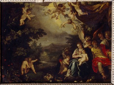 Die Heilige Familie mit der Heiligen Elisabeth und dem Heiligen Johannes dem Täufer. von Hans I or Johann Rottenhammer
