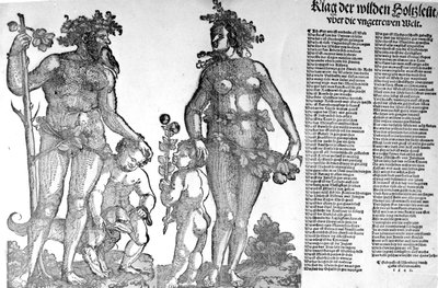 Flugblatt über den Rückzug der wilden Männer aus den Wäldern aus einer Welt, die sich zum Schlechteren verändert hat, Holzschnitt von Hans Guldenmundt, 1545 von Hans Leonard Schaufelein