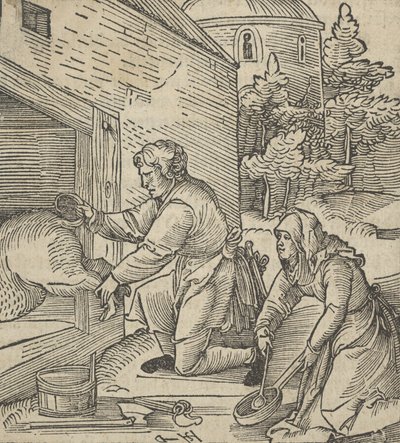 Ein Bauer schlachtet ein Schwein, aus Hymmelwagen auff dem, wer wol lebt..., 1517 von Hans Schäufelein the Elder