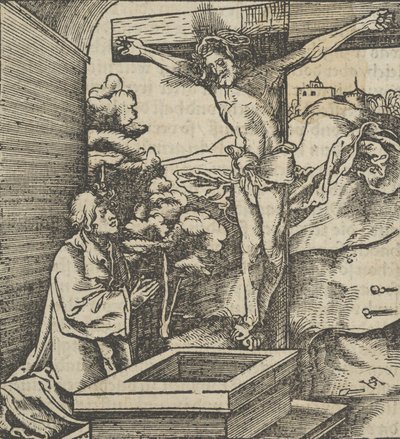 Ein Mann betet vor einem Kruzifix, aus Hymmelwagen auff dem, wer wol lebt..., 1517 von Hans Schäufelein the Elder