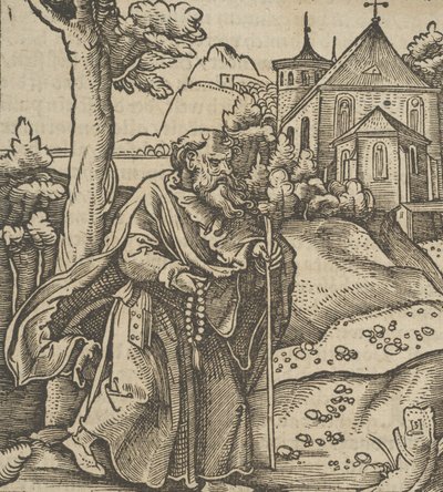 Ein alter Pilger, der nach rechts geht, aus Hymmelwagen auff dem, wer wol lebt..., 1517 von Hans Schäufelein the Elder