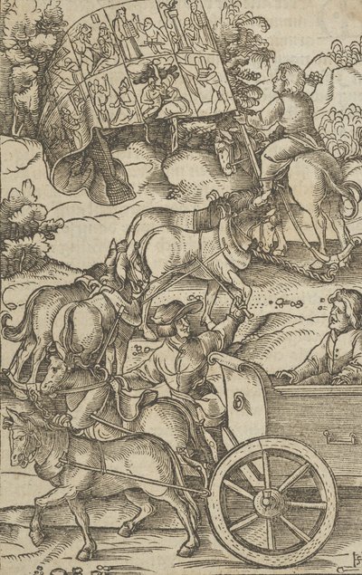 Der tugendhafte Mann auf einem Wagen auf dem Weg zum Himmel, aus Hymmelwagen auff dem, wer wol leb... von Hans Schäufelein the Elder