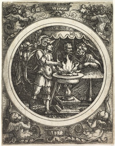 Mucius Scaevola hält seine Hand ins Feuer, ca. 1520 von Hans Sebald Beham