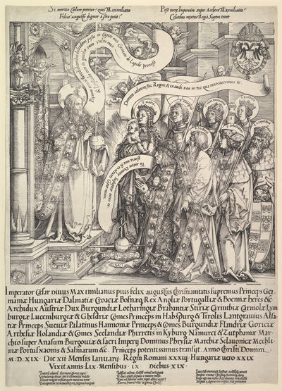 Maximilian, präsentiert von seinen Schutzheiligen dem Allmächtigen, 1519 von Hans Springinklee