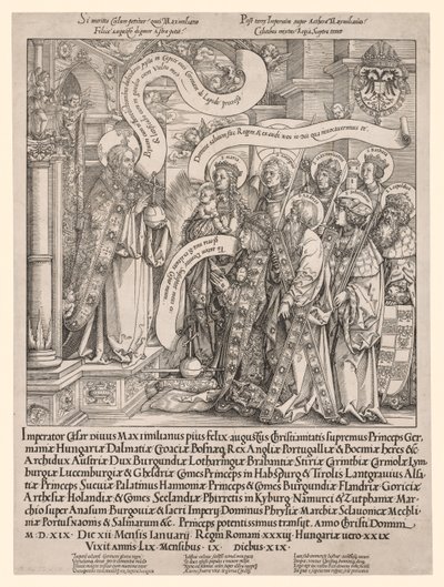Der Kaiser Maximilian wird von seinen Schutzheiligen dem Allmächtigen vorgestellt von Hans Springinklee