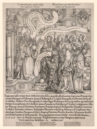 Der Kaiser Maximilian wird von seinen Schutzheiligen dem Allmächtigen vorgestellt, 1519 von Hans Springinklee