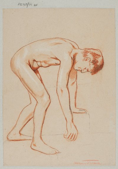Akt eines jungen Mannes, der sich nach vorne beugt, im Profil dargestellt von Hans Thoma
