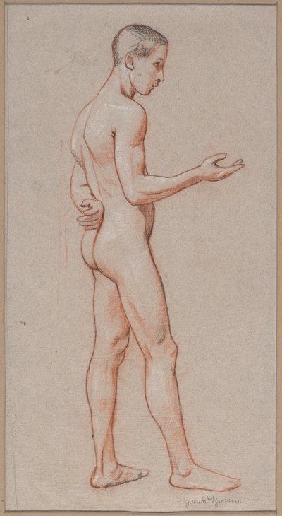 Akt eines jungen Mannes mit ausgestrecktem Arm, im Profil stehend dargestellt von Hans Thoma