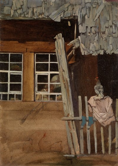 Bauernhausecke mit Gartenzaun und Huhn von Hans Thoma