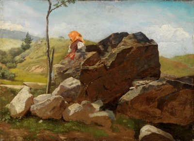 Felsblöcke mit sitzendem Bauernmädchen von Hans Thoma