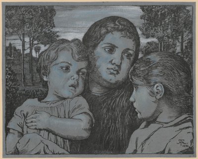 Porträt der Frau des Künstlers Celli mit zwei Kindern vor einer Landschaft von Hans Thoma