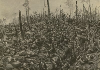 Deutscher Angriff auf französische Blockhäuser und Schützengräben im Bois-le-Pretre nach dem Artilleriebeschuss vom 5. Juli 1915 von Hans W. (after) Schmidt