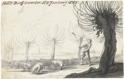 Hirte mit Stab, stehend neben Schafen und Weiden von Harmen ter Borch