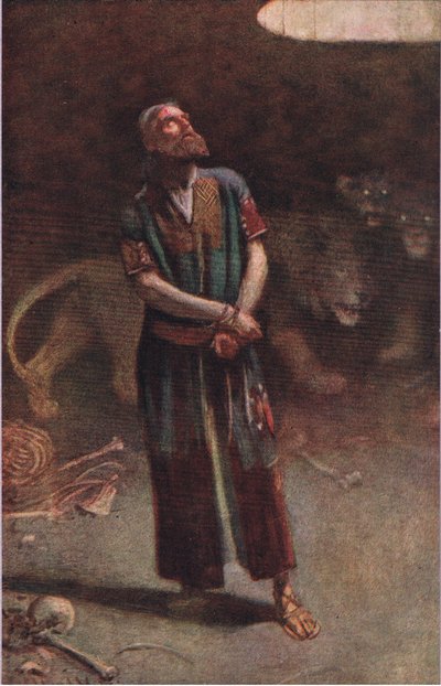 Daniel in der Löwengrube, Illustration aus Bilder, die lehren Die Kronenserie, 1920 von Harold Copping