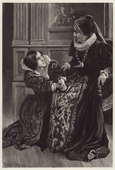 Helena kniete nieder, bekannte ihre Liebe und flehte mit Scham und Angst um Vergebung ihrer edlen Herrin von Harold Copping
