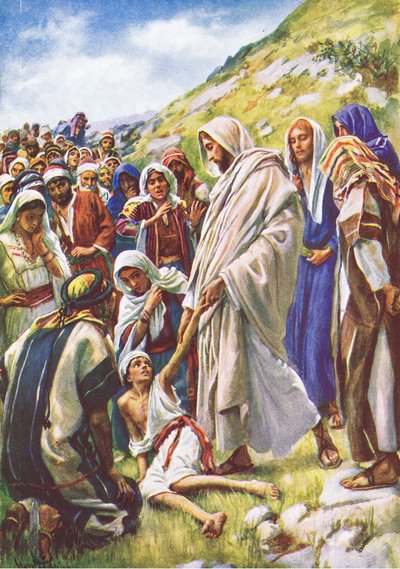 Jesus heilt den kleinen Jungen, Illustration aus Harold Copping Bilder: Die Kronen-Serie, ca. 1920er von Harold Copping