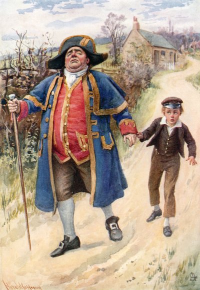 Mr. Bumble und Oliver Twist (Farblithografie) von Harold Copping