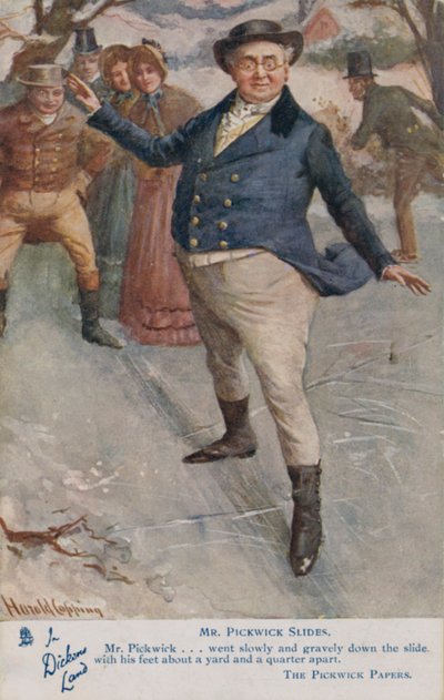 Mr. Pickwick rutscht auf dem Eis, Szene aus Charles Dickens