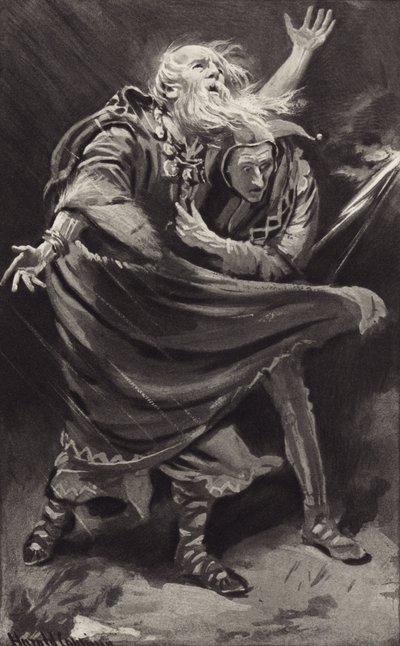 Auf einer Heide, dem Sturm in einer dunklen Nacht ausgesetzt, wanderte König Lear umher von Harold Copping