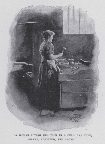 Eine Frau, die ihre Aufgabe in einem zellenartigen Schuppen ausführt, still, vertieft und allein (s/w Foto) von Harold Hume Piffard