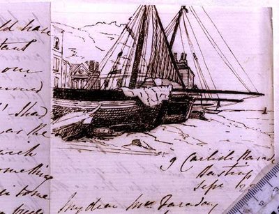 Vignette von Fischerbooten in Hastings, eine Skizze in einem Brief an Michael Faraday, 23. September 1853 (Feder und Tinte auf Papier) von Harriet Jane Moore