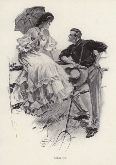 Ein Bauer macht eine Pause bei der Arbeit, um mit einer jungen Frau zu flirten von Harrison Fisher