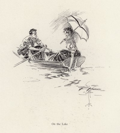 Mann und Frau in einem Ruderboot auf dem See von Harrison Fisher