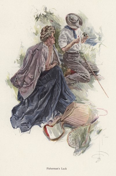 Mann angelt am Flussufer, während eine Frau zusieht (Farblithografie) von Harrison Fisher