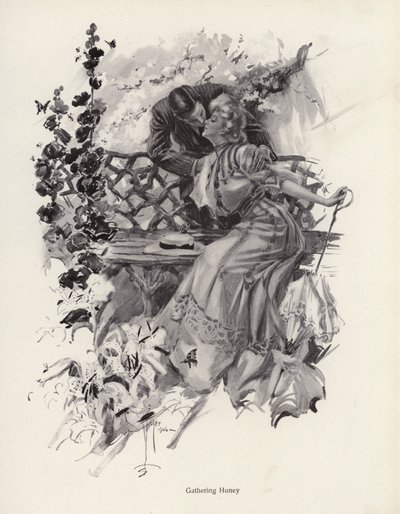 Mann küsst eine Frau in einem Garten (Lithografie) von Harrison Fisher