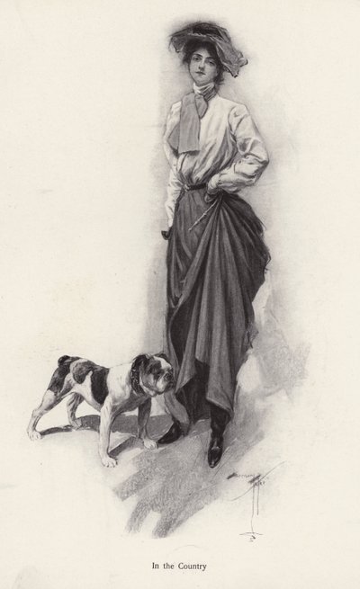 Porträt einer Frau, die für das Land gekleidet ist, mit ihrem Bulldog von Harrison Fisher