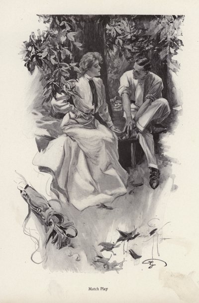 Romantisches Paar macht eine Pause von ihrem Golfspiel (Lithografie) von Harrison Fisher