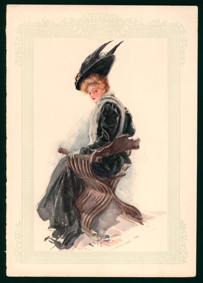 Sitzendes Mädchen mit schwarzem Kleid und Hut von Harrison Fisher