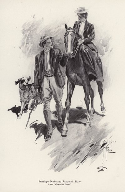 Zwei Charaktere, Penelope Drake und Randolph Shaw aus dem Roman Cowardice Court von George Barr McCutcheon (Lithografie) von Harrison Fisher