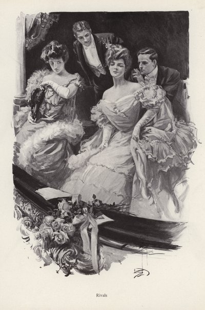 Zwei Frauen in einer Theaterloge konkurrieren um männliche Aufmerksamkeit von Harrison Fisher