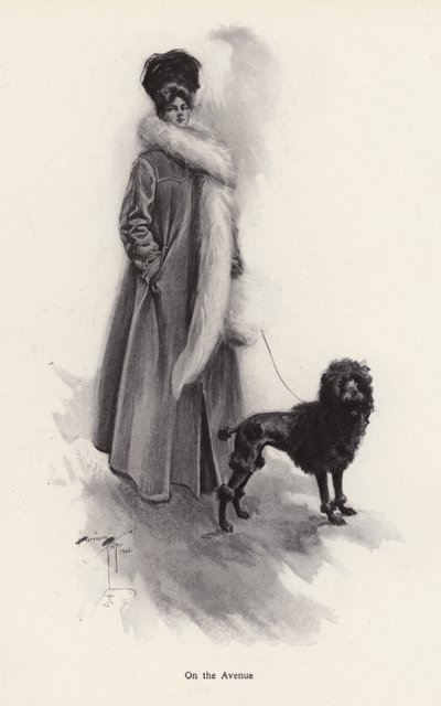Frau in langem Mantel mit einem Pudel von Harrison Fisher