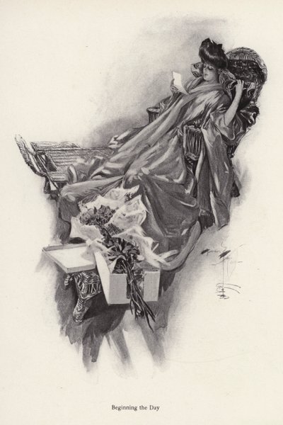 Frau erhält einen Blumenstrauß von einem Verehrer von Harrison Fisher