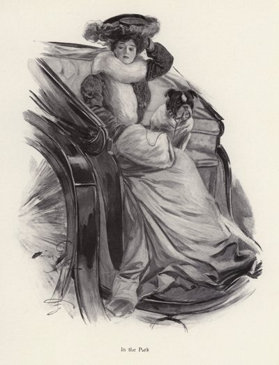 Frau sitzt mit ihrem Hund in einer Kutsche von Harrison Fisher
