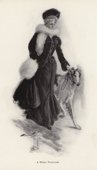 Frau führt ihren rauhaarigen Collie-Hund im Winter spazieren von Harrison Fisher