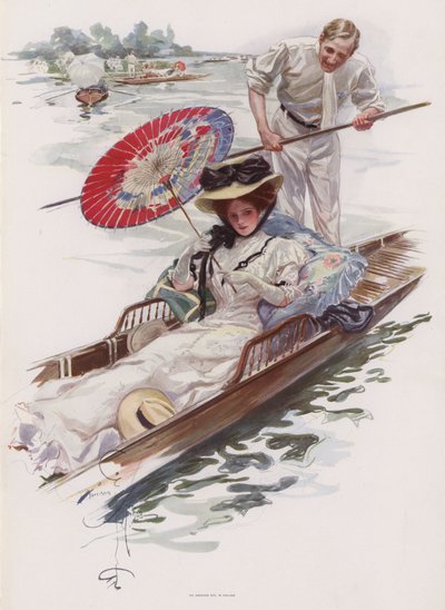 Junge amerikanische Frau genießt eine Bootsfahrt auf einem englischen Fluss von Harrison Fisher