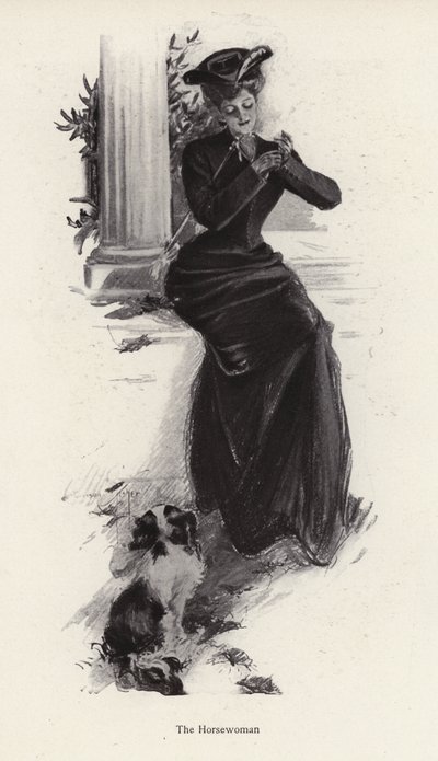 Junge Frau und ihr Hund warten auf einen Ausritt von Harrison Fisher