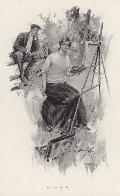 Junge Künstlerin malt auf dem Land, während ein junger Mann zuschaut von Harrison Fisher
