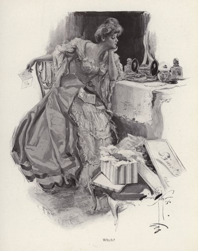 Junge Frau entscheidet sich zwischen zwei Verehrern (Lithografie) von Harrison Fisher