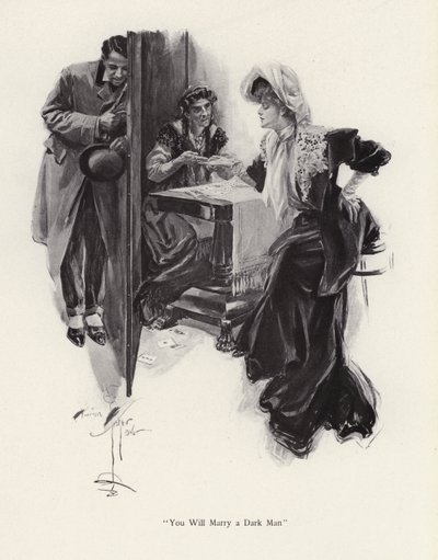 Junge Frau, der von einer Zigeunerin die Zukunft vorhergesagt wird von Harrison Fisher