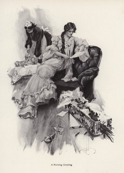 Junge Frau erhält einen Blumenstrauß und einen Brief von einem Verehrer (Lithografie) von Harrison Fisher