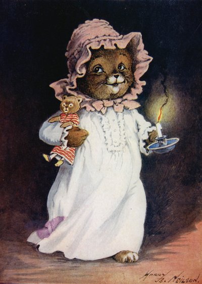 Katze im Nachthemd, die eine Kerze und eine Teddykatze trägt und ins Bett geht von Harry B Neilson